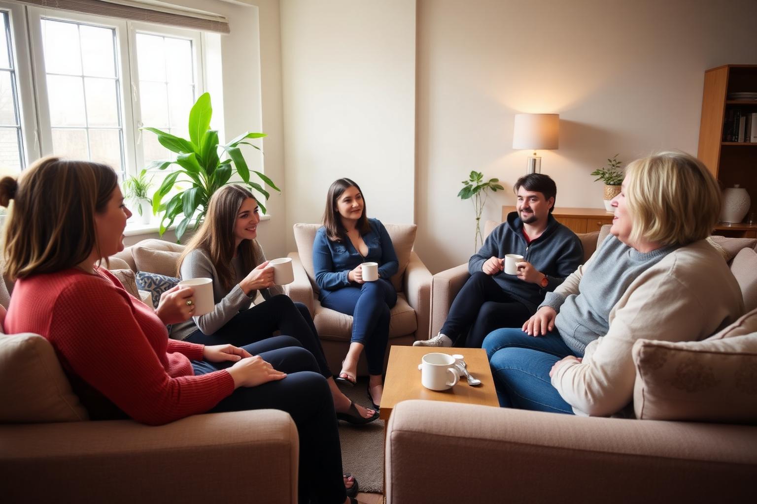 A group of residents and a support worker sharing tea in a warm shared living room