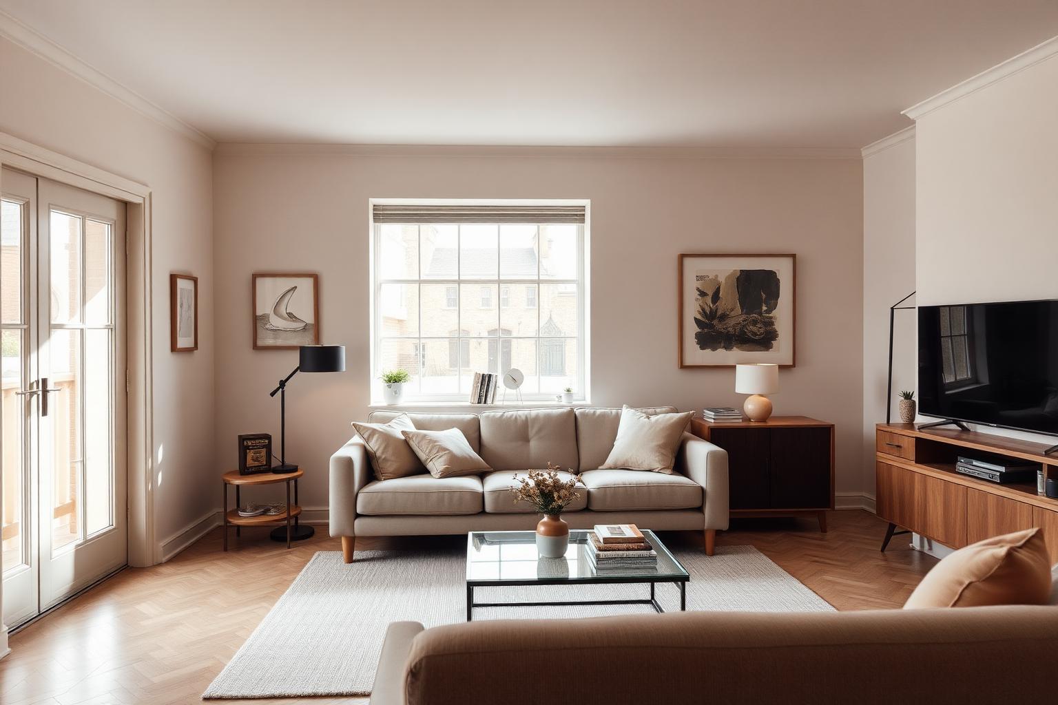 Bright, tidy living room in a self-contained temporary accommodation flat
